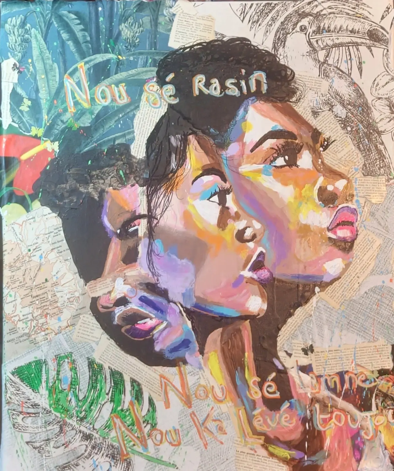 Nou sé Rasin, œuvre mêlant peinture, collage et écriture